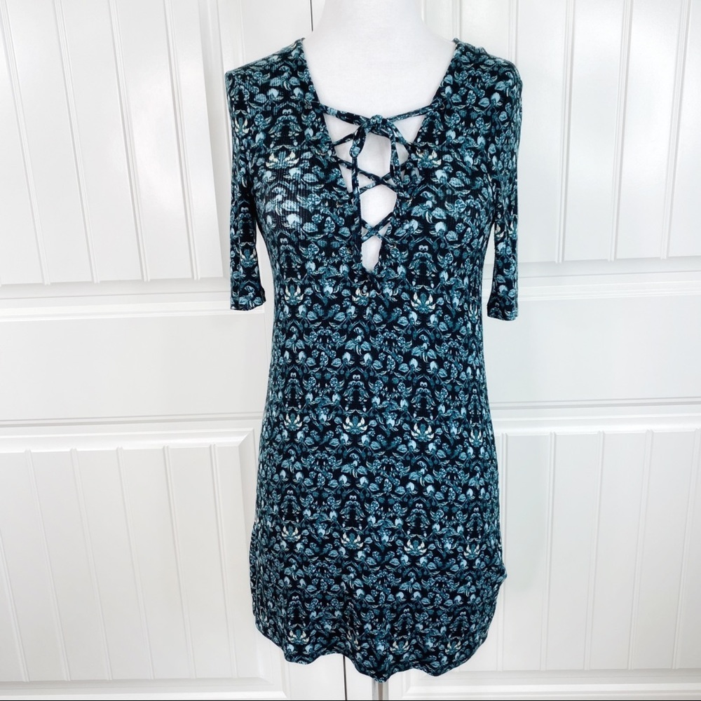 Topshop Green Floral Corset Tie Neck T-Shirt Dress